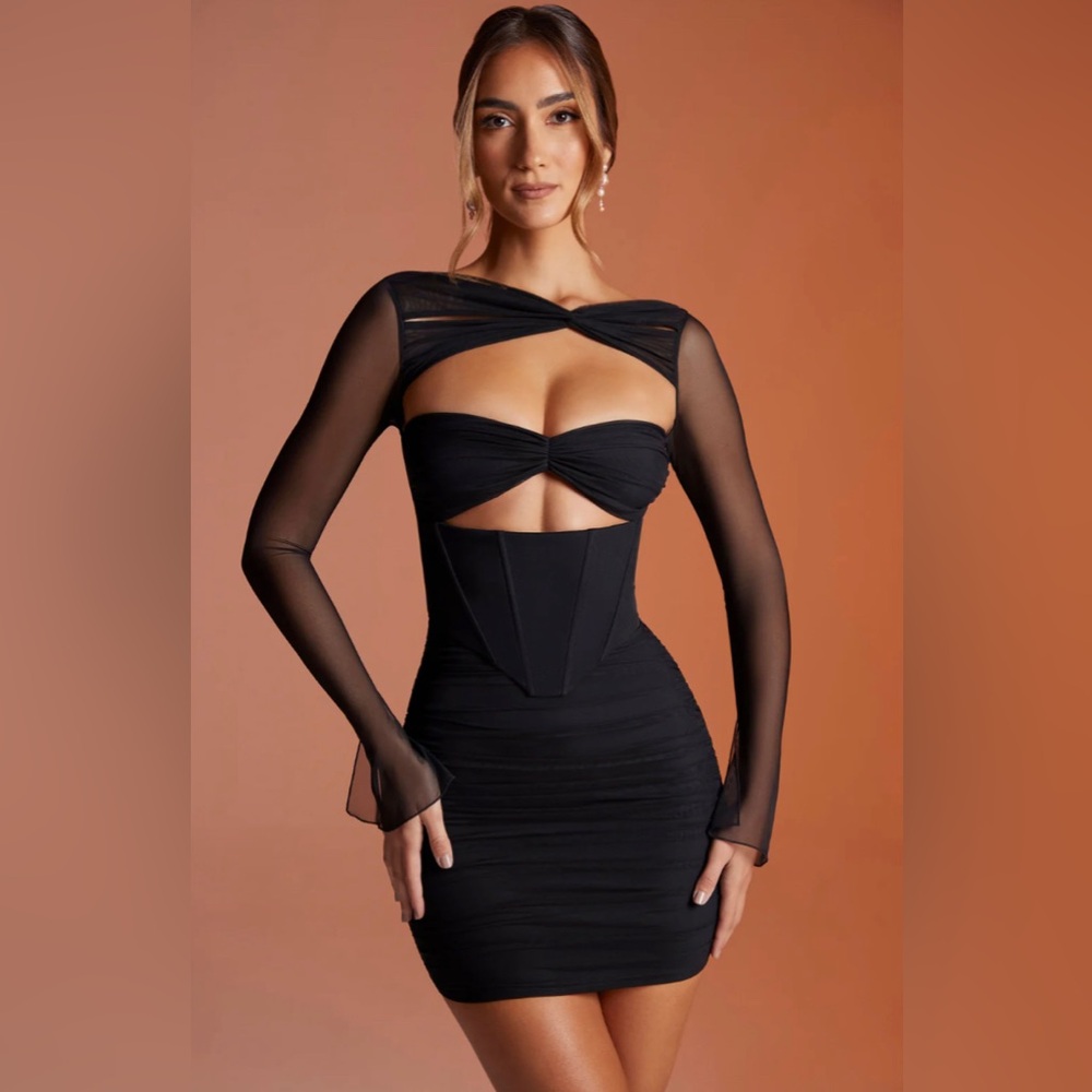Long Sleeved Ruched Mini Dress in Black